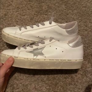 Golden Goose White and Silver Distressed Sneakers